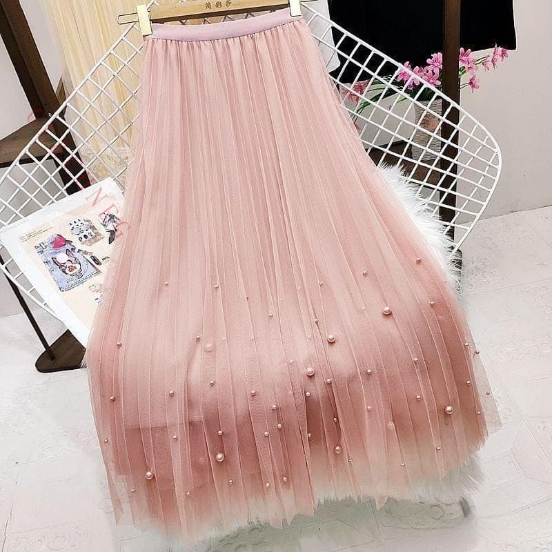 VmewSher novo estilo feminino cor pura frisado saia de malha cintura alta plissado gaze A linha saia de comprimento médi
