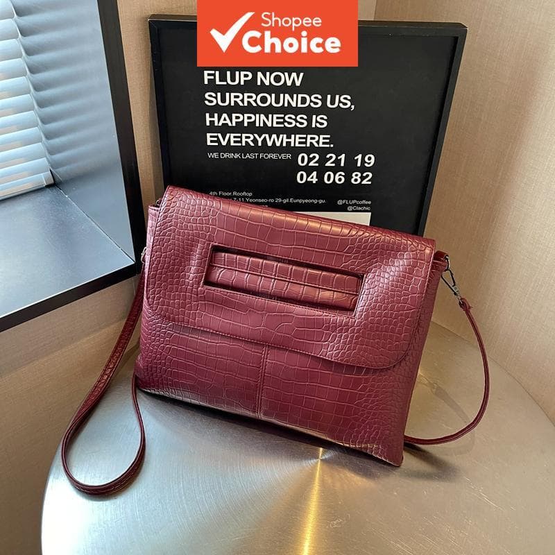 Bolsa de mão com aba em PU com textura croco vinho, alça oca, alça removível, fecho de zíper, estilo vintage, tiracolo