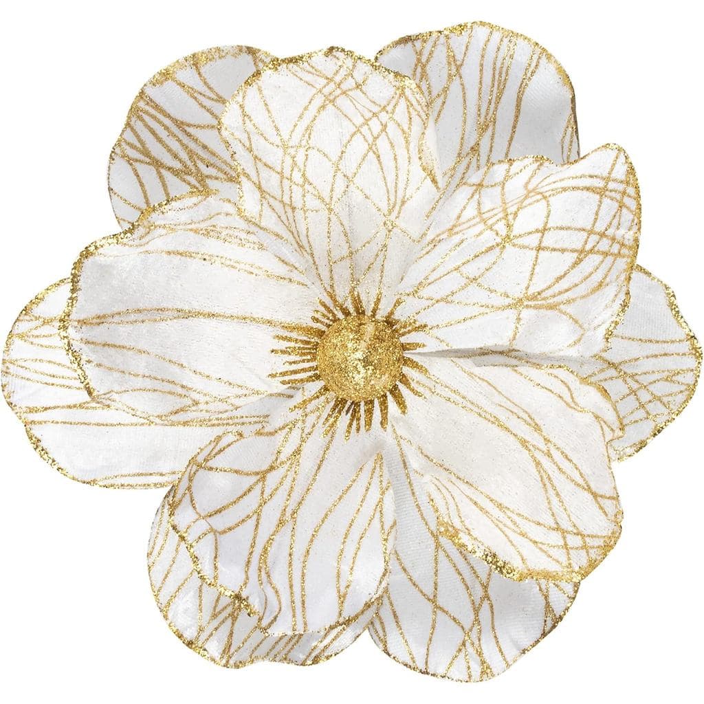 KI Store Flor Artificial de Poinsétia de Veludo Magnólia Branca e Dourada, Hastes Florais para Decoração de Árvore de Na