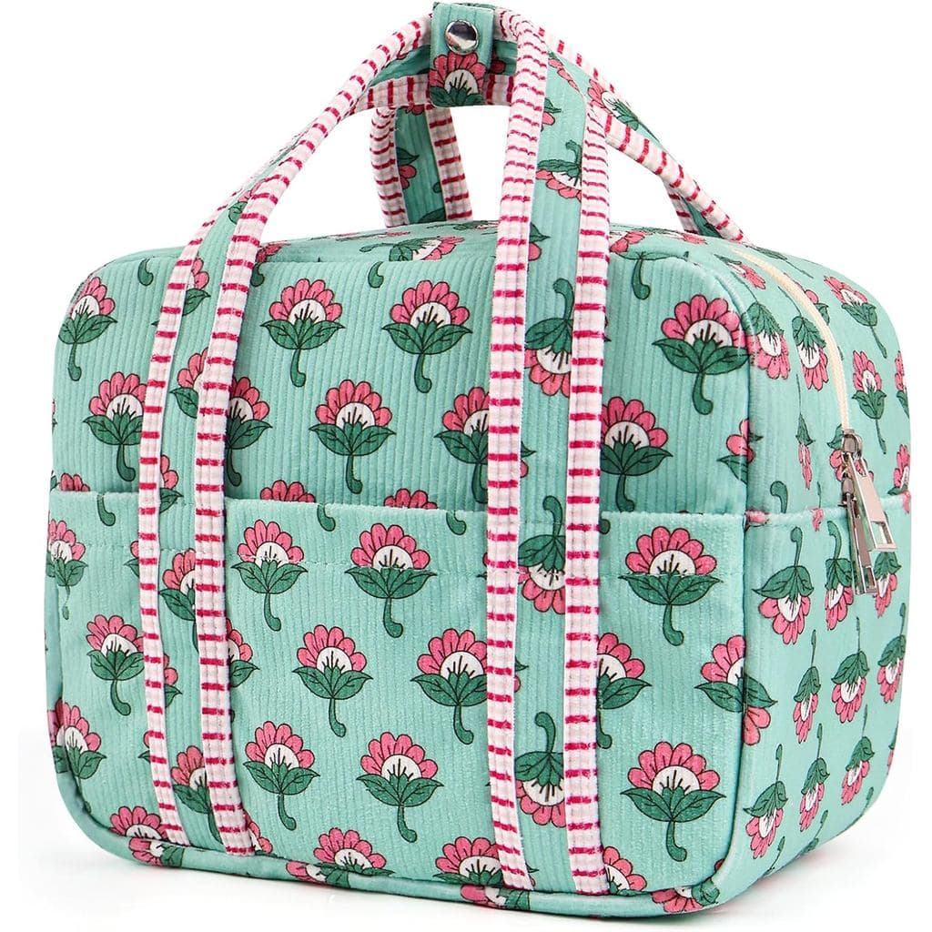 Bolsa Térmica Estética de Corduroy para Mulheres, Lancheira com Estampa Floral em Blocos e Bolso, Espaçosa Bolsa Térmica