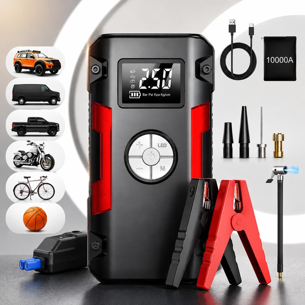 Bateria Auxiliar de Partida 30000mAh com Compressor de Ar Portátil Inflador de Pneus para Carro Moto Emergência