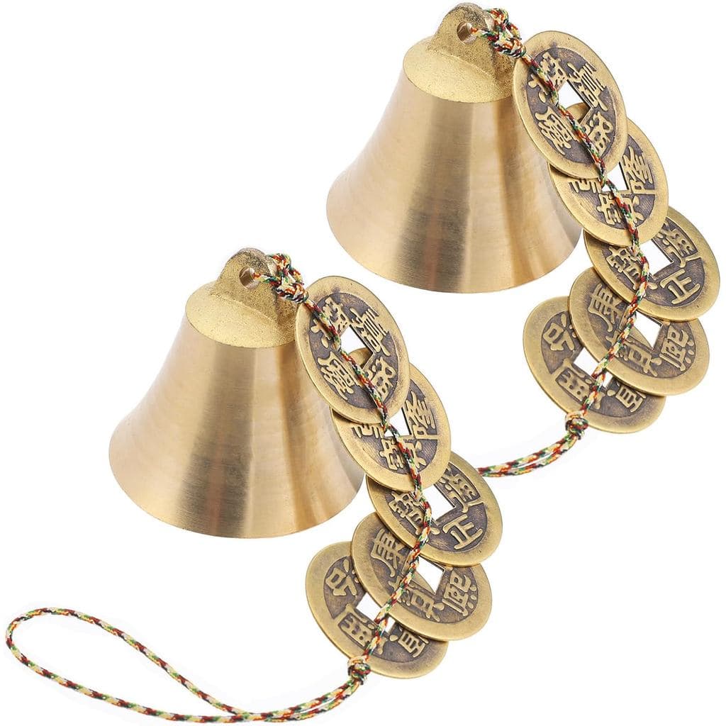 2 Sinos Pendurados para Porta, Moedas de Feng Shui, Sino de Vento Chinês de Feng Shui, Decoração Pendurada de Latão com