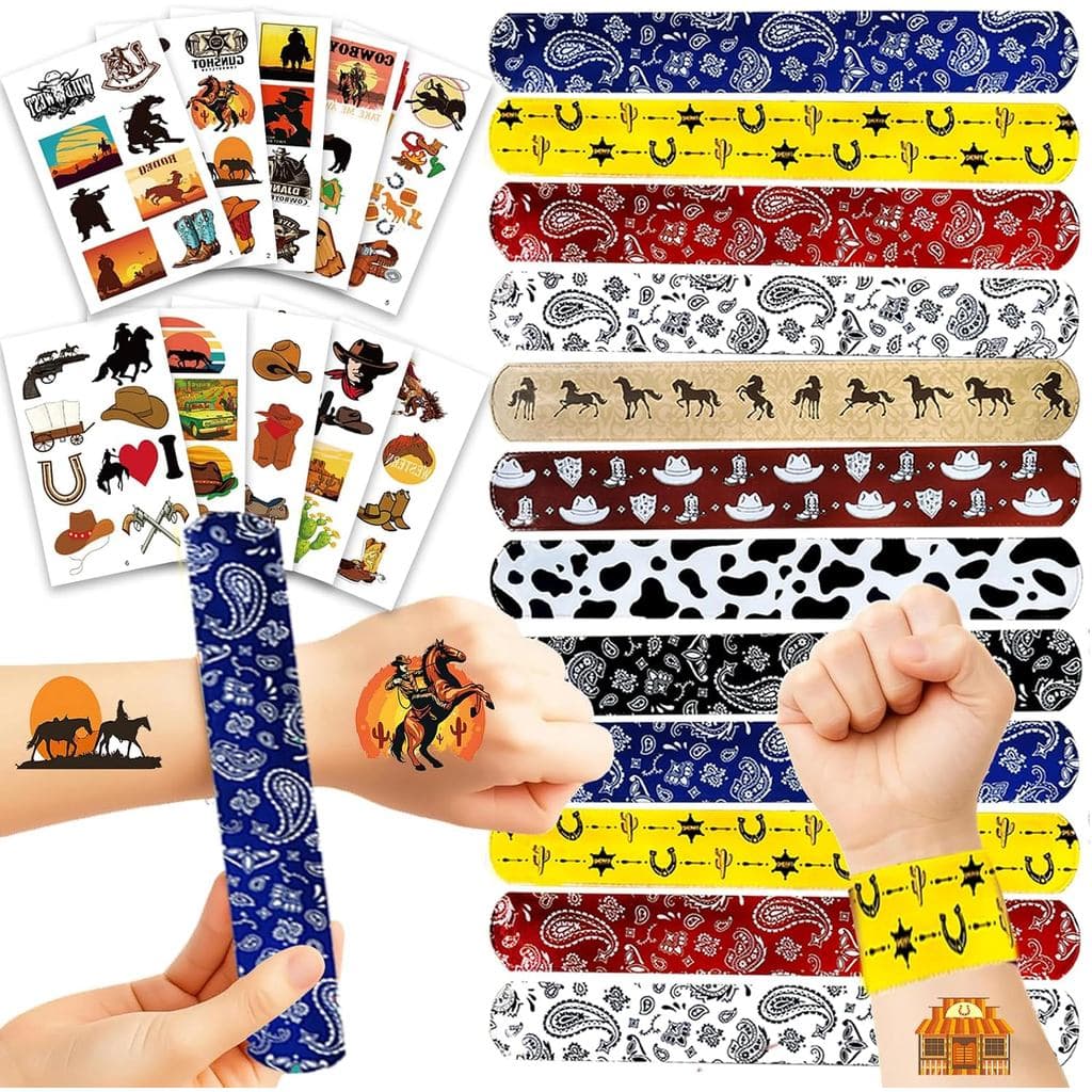 Conjunto de 98 Peças de Lembranças para Festa de Cowboy, 24 Pulseiras de Encaixe e 74 Tatuagens Temporárias, Decorações