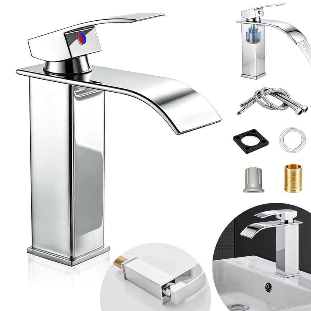 Torneira Cascata Luxo Monocomando Inox Cromada Água Quente e Fria para Banheiro Lavabo Cuba Baixa Modelo Quadrada