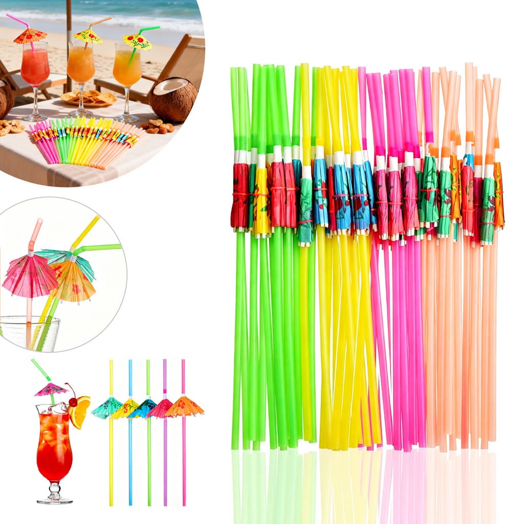 Acessório para Bar e Festas Kit 50 Canudos Decorados Formato Guarda Chuva Sortidos para Drinks e Coquetéis Tema Verão