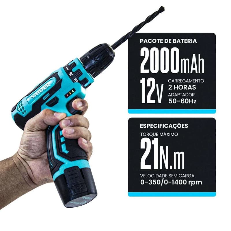 Parafusadeira e Furadeira Sem Fio SIDER SA0001 12V – 21 N.m com Bateria 2000mAh e Kit Completo