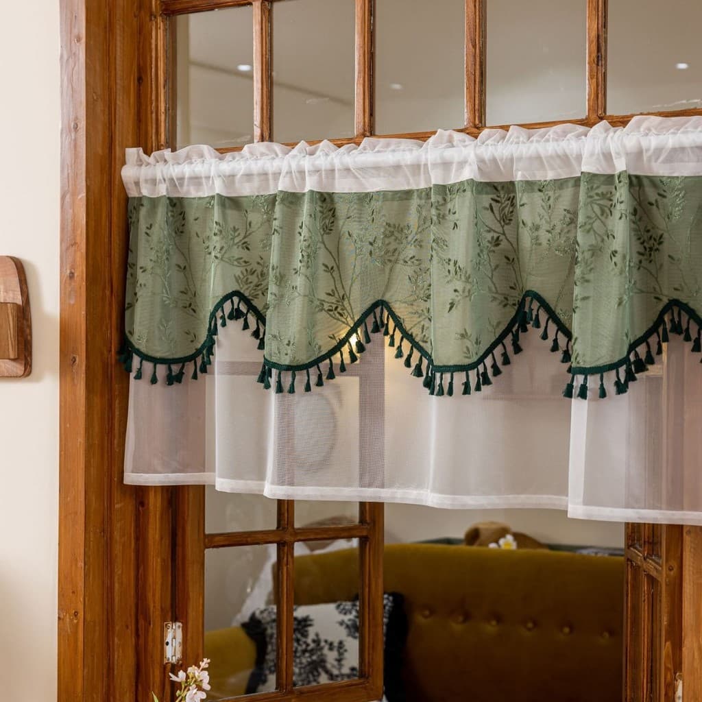 Cortina de Renda de Dupla Camada com Estampa Floral para Janela de Café
