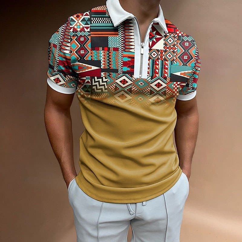 Camisa polo masculina ao ar livre rua flangeando zíper manga curta moda Casual listrado puxar camisa polo 26812TXCS
