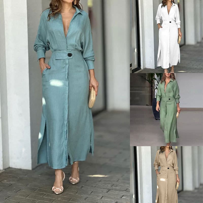 Vestido Feminino Novo da Primavera de 2026: Com gola, cintura marcada, cinto na cintura, vestido longo tipo cardigã em c
