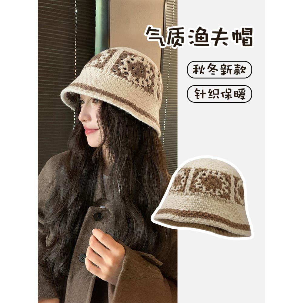 K Chapéu de malha balde feminino outono inverno chapéu de lã com casaco blusão circunferência da cabeça grande estilo ja