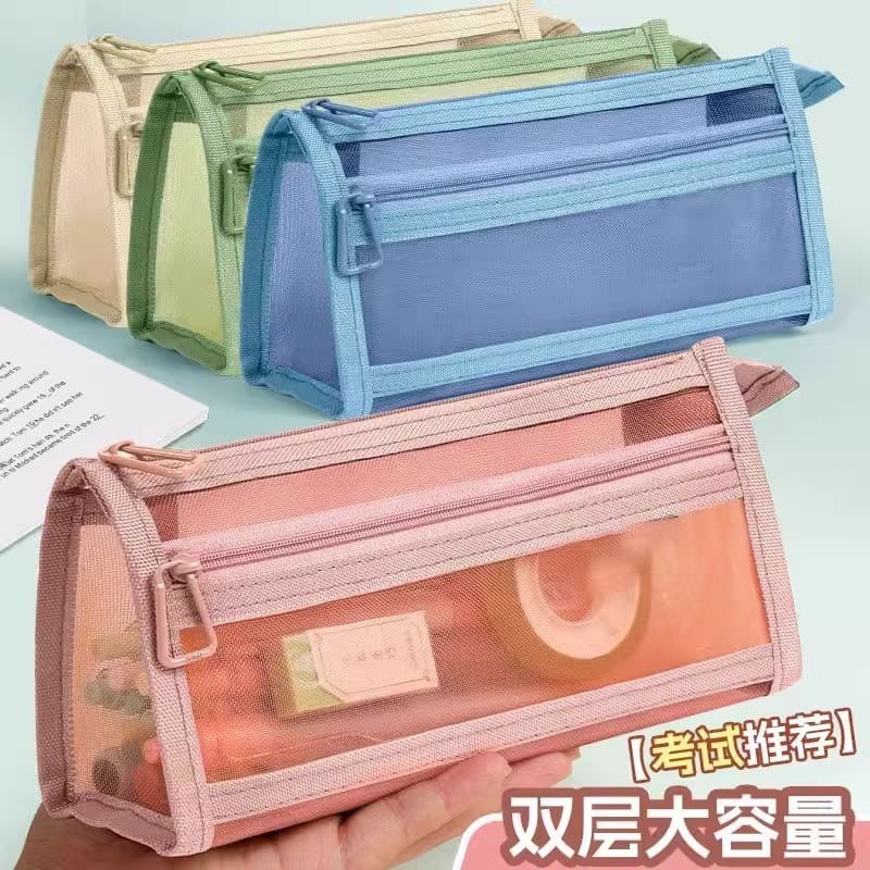 Estojo de lápis de grande capacidade de gaze transparente de camada dupla exame dedicado nova gaze simples camada dupla