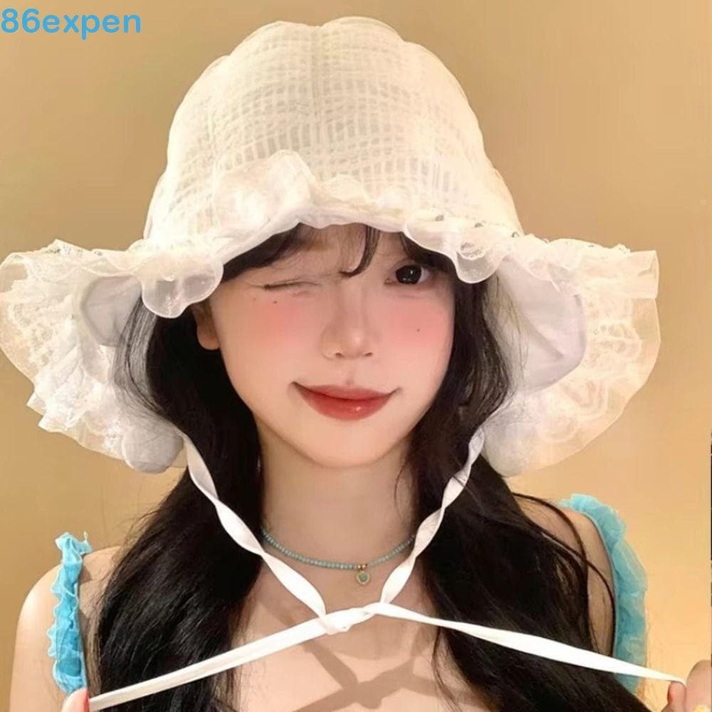 Chapéu Bucket de Renda EXPEN1, Chapéu de Pescador Branco de Verão, Boné de Viagem com Aba Larga Estilo Lolita Fino 7F8S