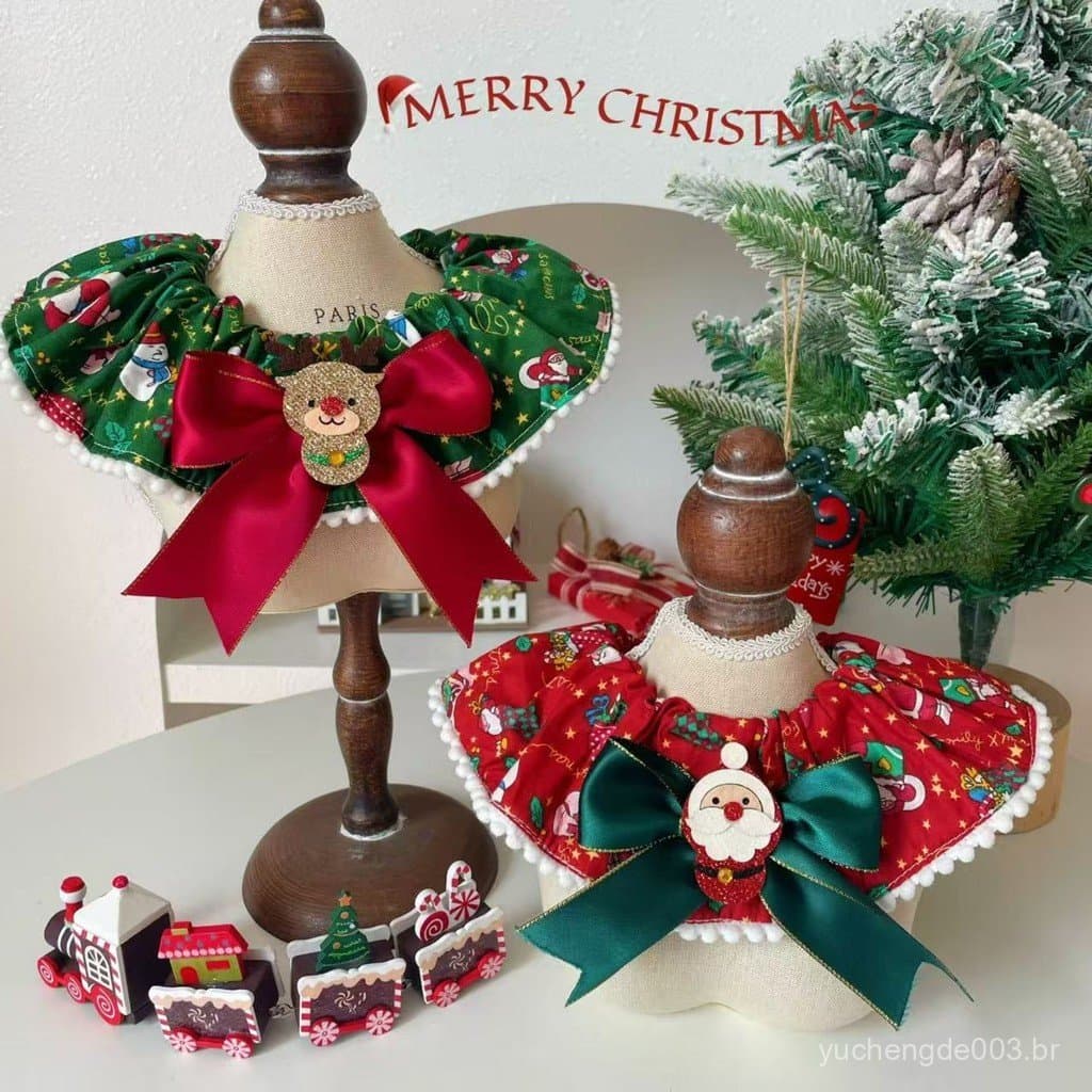 Coleira de Natal para animais de estimação com laço para gatos e cães, decoração estampada para cães pequenos e médios 7