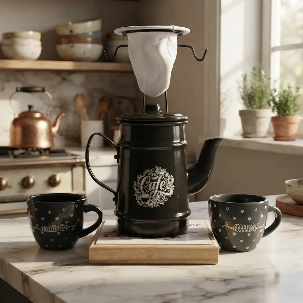 Xicara Cafe Goumert Suporte Coador 2 Canecas Bule Preto