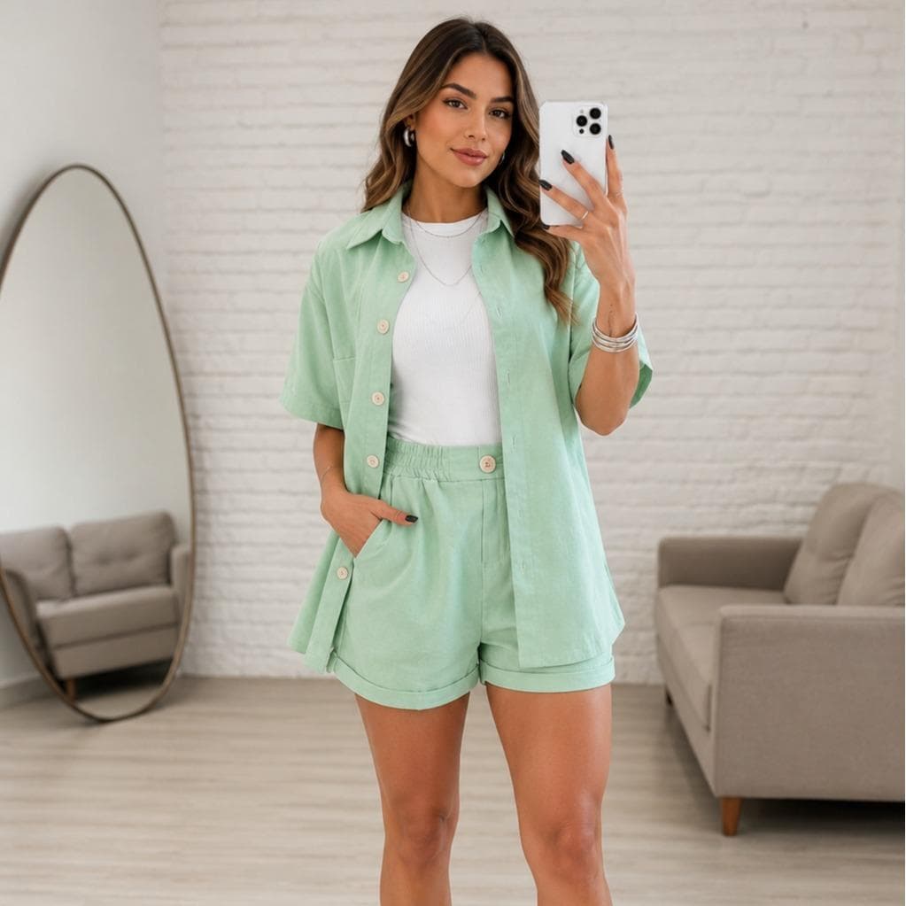 Conjunto Feminino Shorts e Camisa manga curta com botão em linho