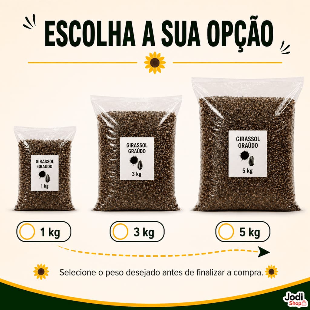 Girassol Graúdo para Pássaros e Aves Semente Grande com Casca 1kg 3kg ou 5kg