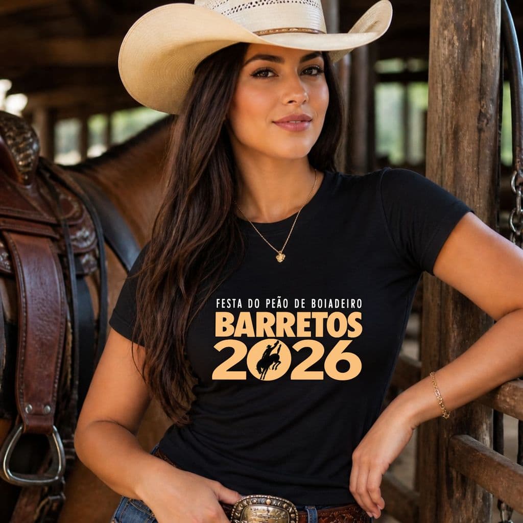 Camiseta Festa de Peão de Boiadeiro de Barretos 2026 100% Algodão Feminina moda sertaneja rodeio country cowgirl castela