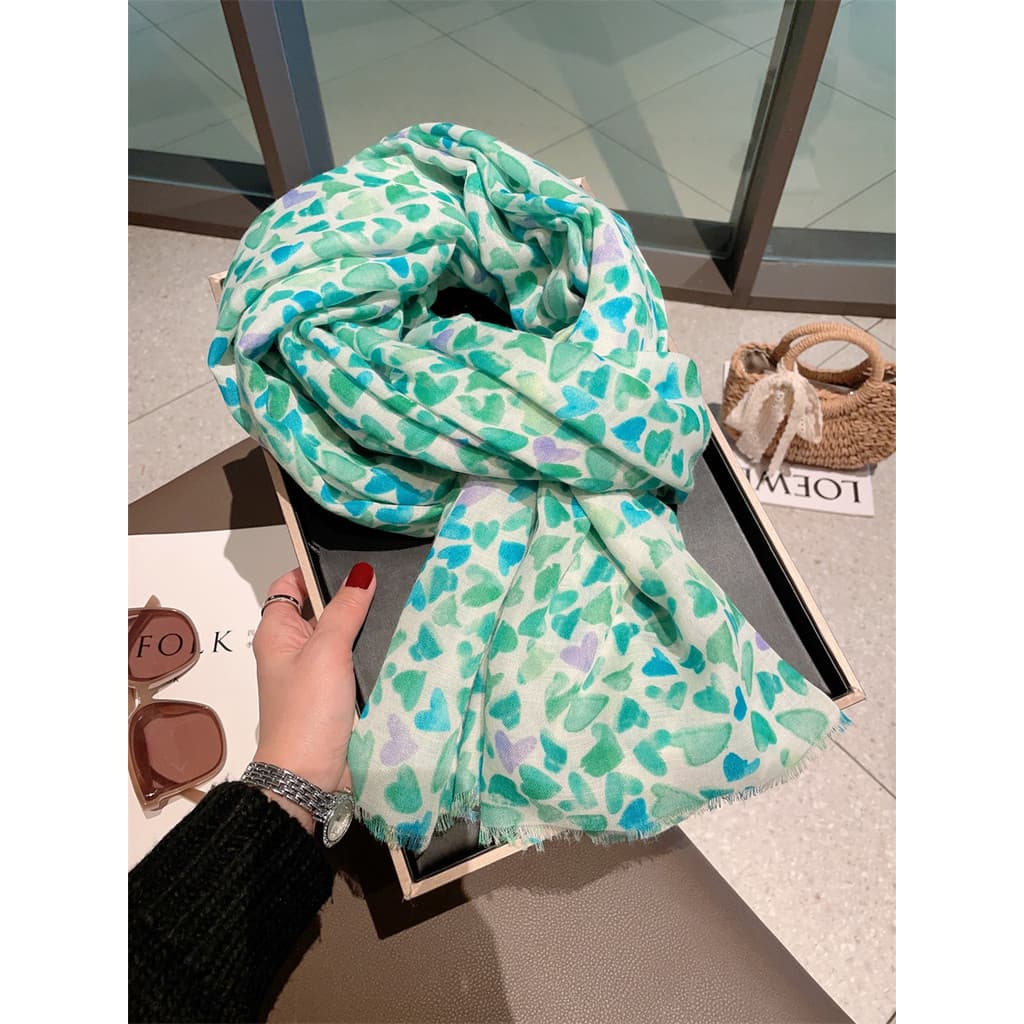 Verde pequeno amor lenço de seda feminino primavera verão viagem beira-mar protetor solar grande xale outono fino algodã