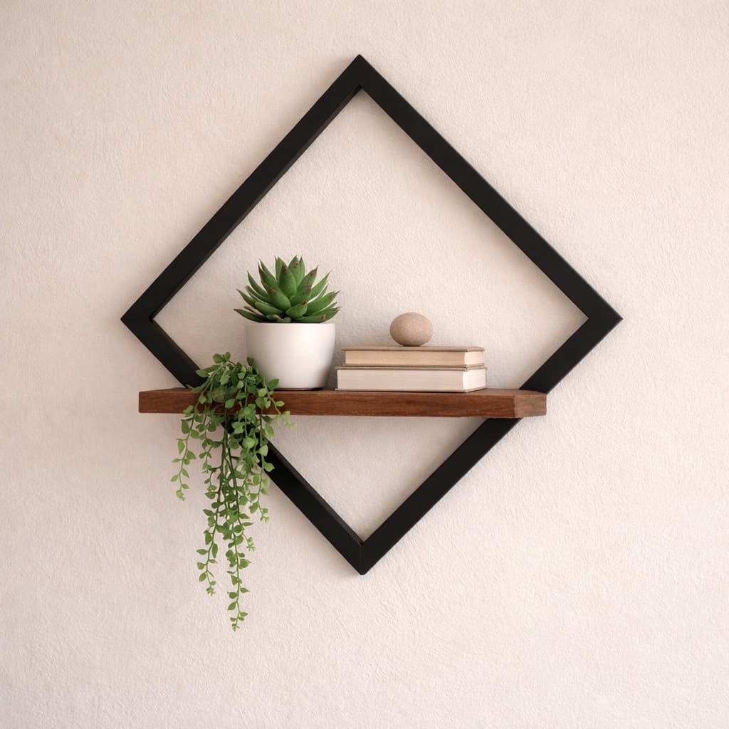 Prateleira Nicho Suspenso Losango Industrial Ferro Preto e Madeira MDF CRU – Decorativa Parede