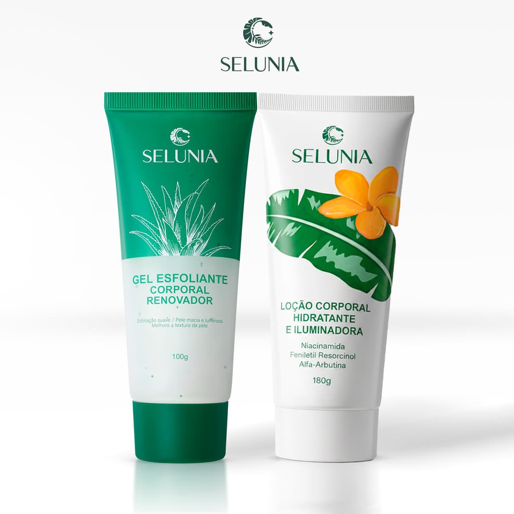 Kit Skincare Corporal Selunia: Gel Esfoliante + Loção Renovação Hidratação Efeito Glow Niacinamida