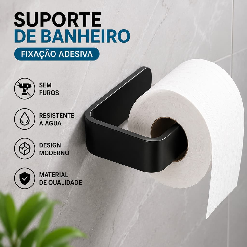 Suporte para Papel Higiênico Adesivo Sem Furação Preto Fosco, Resistente à Água para Banheiro e Lavabo