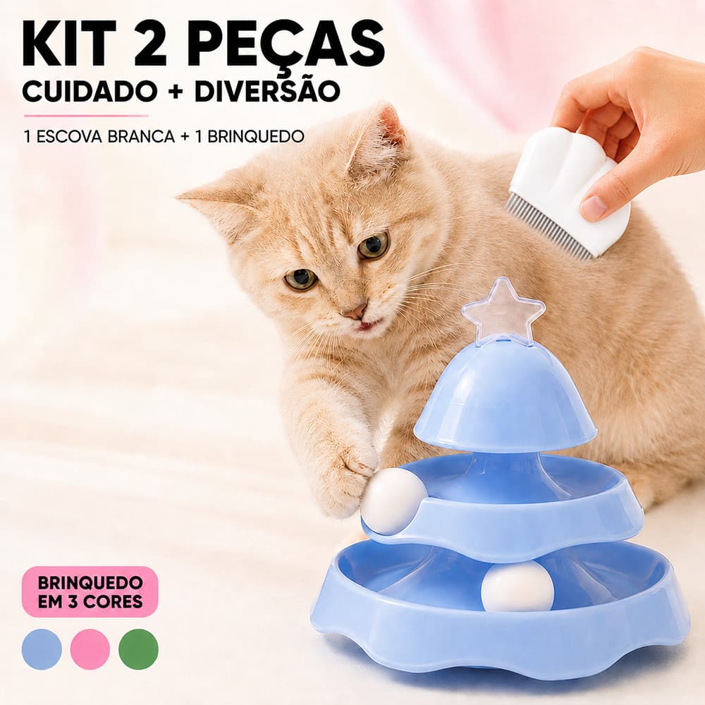 Kit 2 Peças para Gatos Escova Massageadora Tira Pelos + Brinquedo Interativo com Catnip e Bolinhas