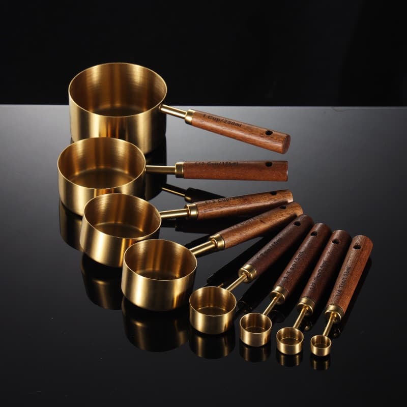Colher medidora de aço inoxidável, colher medidora de madeira dourada, copo de medição de cozinha, ferramenta de medição