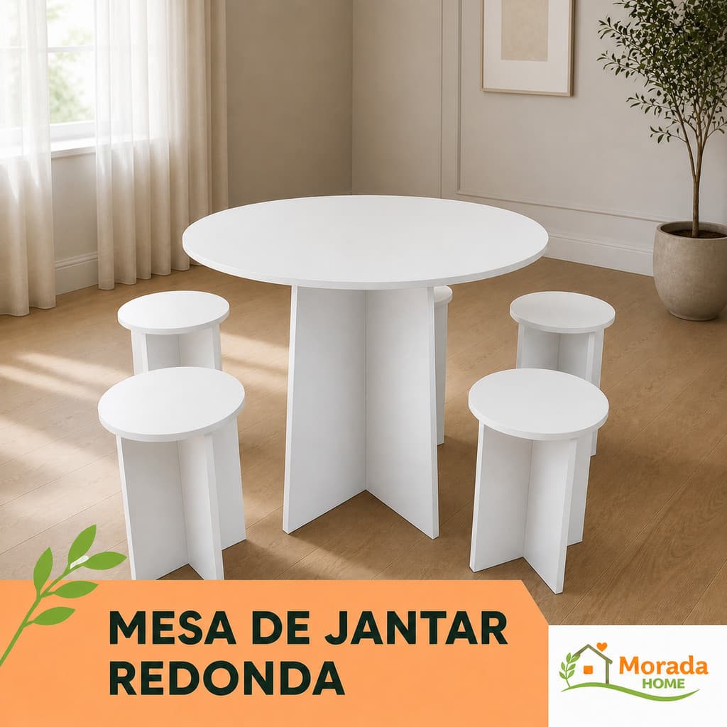 Mesa de Jantar 4 Lugares com 4 Banquetas – Conjunto Redondo Compacto para Cozinha e Apartamento