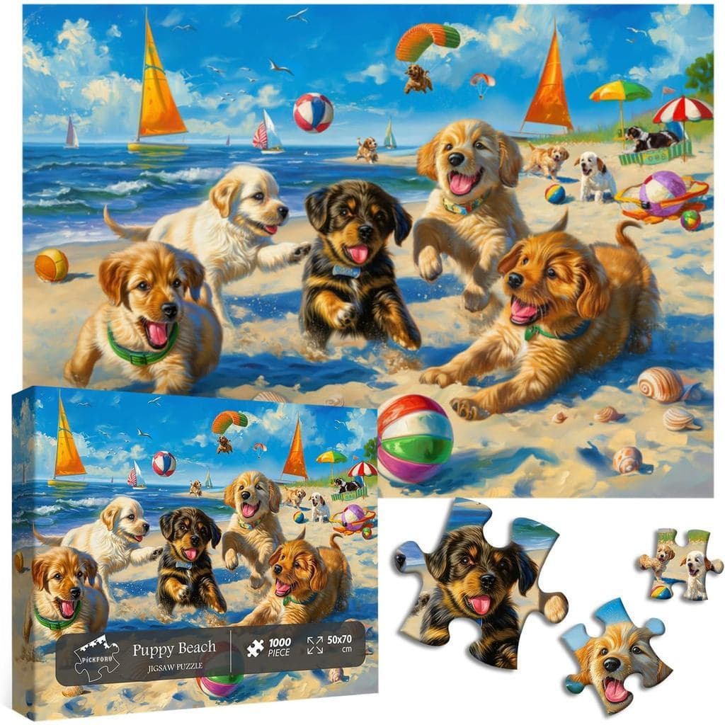 Interessante quebra-cabeça para cães adultos, 1.000 peças e acima, série de quebra-cabeças de praia, cães fofos, quebra-