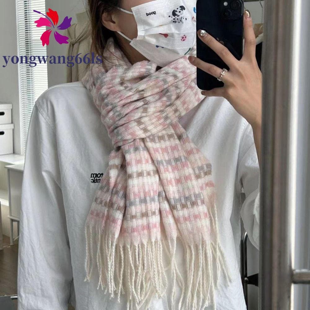 YONGWANG Lenço Xadrez De Malha , Longo Estilo Coreano Y2K , Xale De Caxemira De Inverno À Prova De Vento Espessado