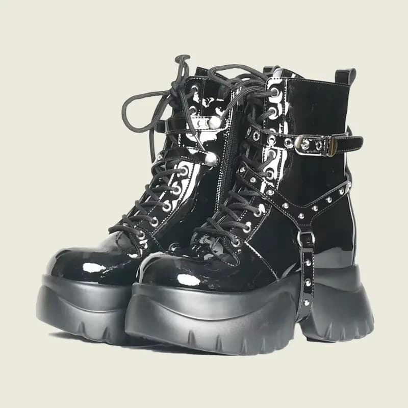 Botas Femininas Fujin de Couro Genuíno de 10cm, Botas de Motociclista Femininas, Botas de Combate Estilo Punk, Botas de