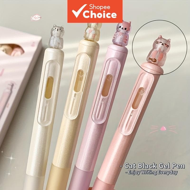 Caneta Gel Estilo Gato Criativo , 4/8 Peças , Desenho Animado , Design Giratório , 0.5mm , Secagem Rápida , Tinta Preta