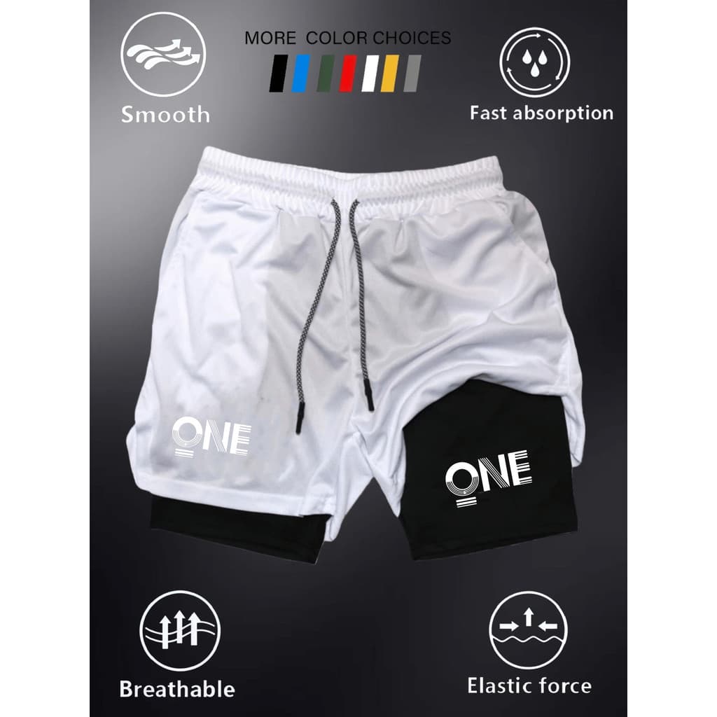 Shorts esportivos de Fitness, shorts duplos com forro de leite, shorts de corrida respiráveis estilo masculino, logotipo