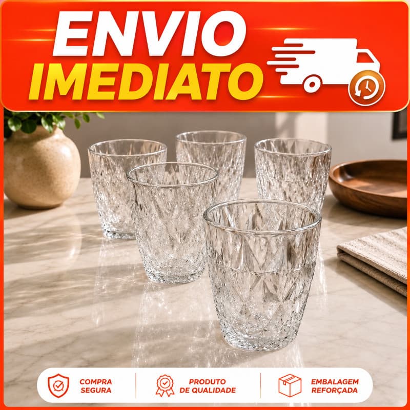 Jogo 12 Copos Diamond 300ml Vidro Grosso Diamante Luxo Resistente Transparente Elegante Moderno