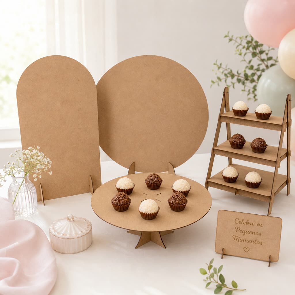 kit Mini Festa Mesa Painel Redondo Mdf + Arco Romano + Boleira + Escadinha Porta Doce Lembrancinha