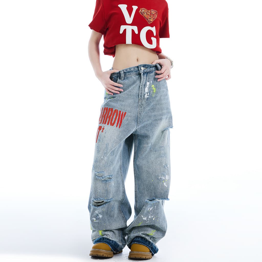Americano High Street Retro bordado carta rasgado Jeans feminino verão solto em linha reta calças de perna larga