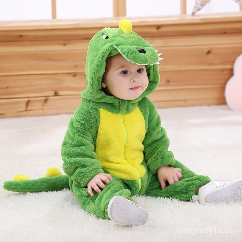 Bebê Bonitinho Romper One Piece Green Dinossauro Cartoon Roupa De Inverno Flanela Fato De Salto Macio
