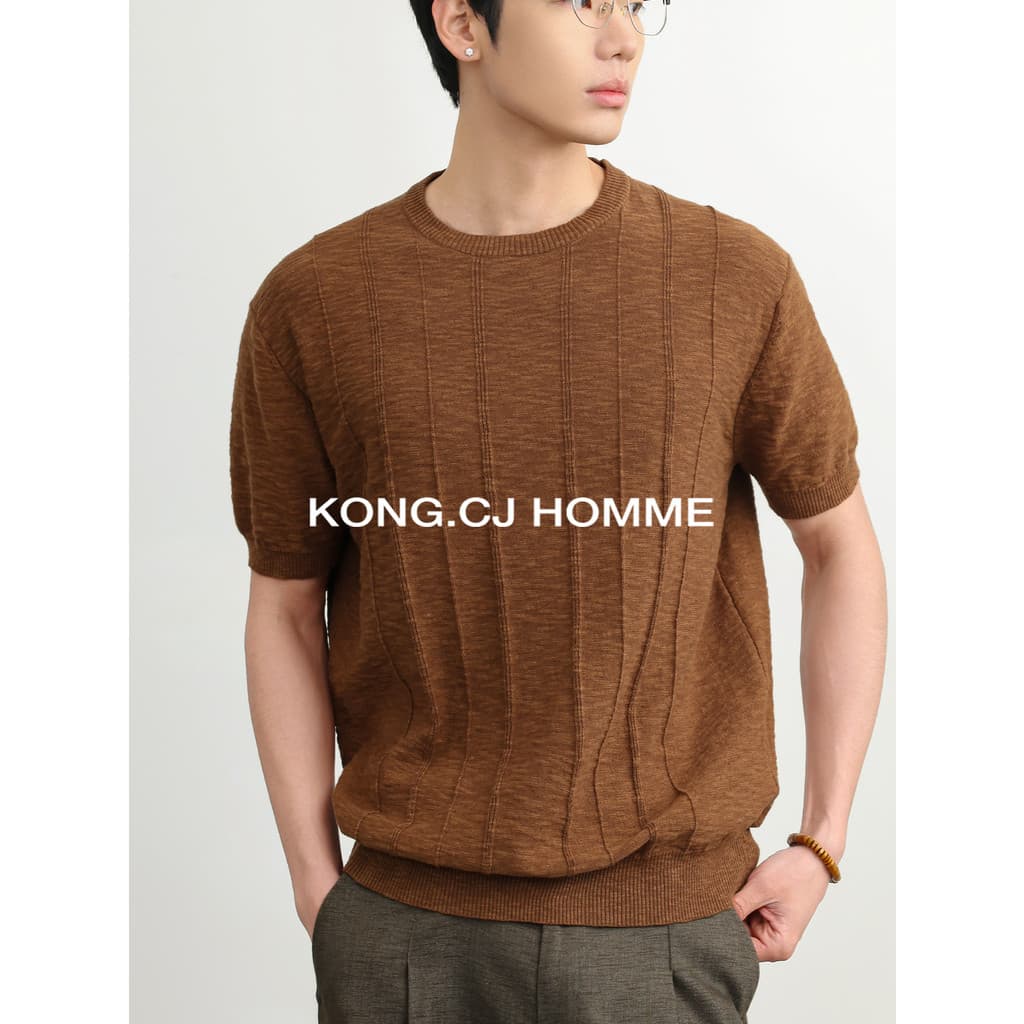 KCJ linho Natural respirável textura Vertical clássico em torno do pescoço manga curta masculino verão Casual All-Match