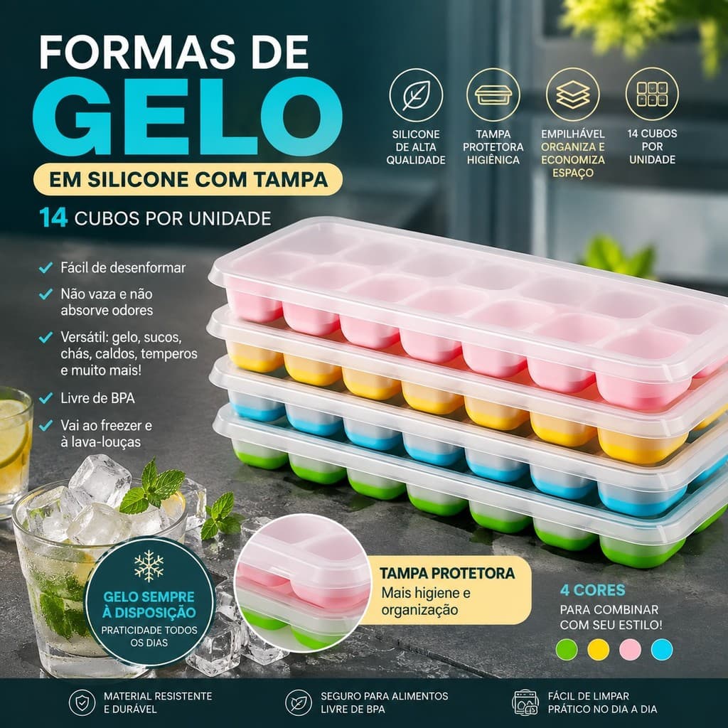 KIT FORMAS DE GELO SILICONE COM TAMPA - DESENFORME FÁCIL, EMPILHÁVEL, PARA DRINKS, SUCOS, CAFÉ E TEMPEROS