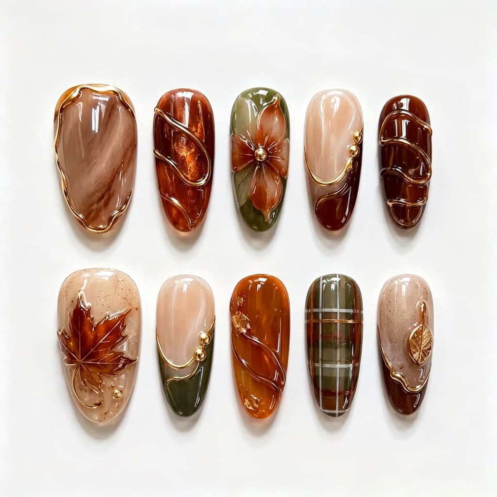 30 peças outono inverno 3d gradiente flor amêndoa usando unhas requintado dourado Manicure peças unhas