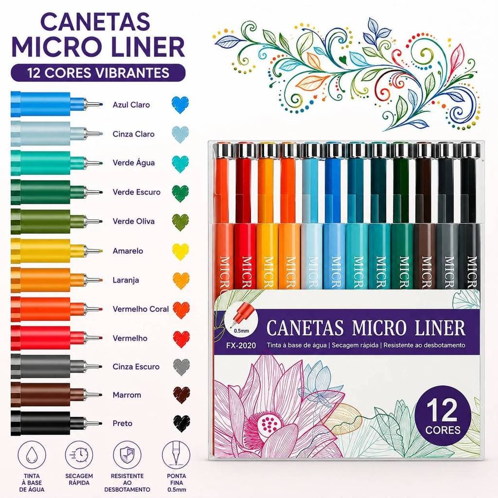 Caneta Micro Liner 0,5mm 12 Cores Coloridas Ponta Fina para Desenho, Escrita e Ilustração