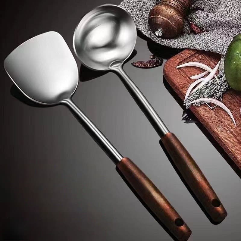 Espátula de cozinha em aço inoxidável espessado com cabo longo, tamanho grande, conjunto completo de colheres e espátula