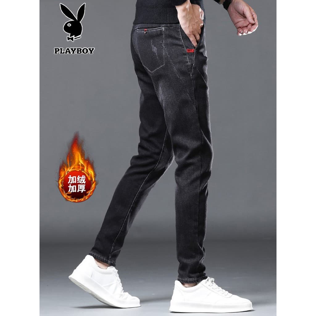 Playboy Jeans masculino 2025 outono inverno grosso versão coreana Street Wear preto fino-ajuste estiramento forro de lã