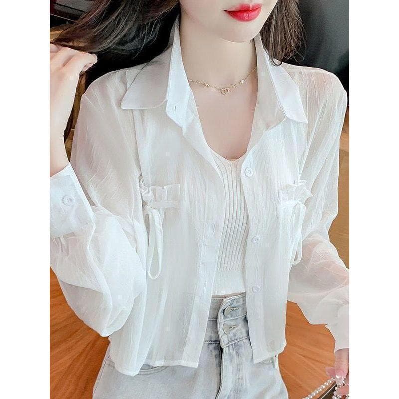 Protetor solar roupas femininas verão exterior Cardigan Design sentido arco camisa feminina curto topo fino Chiffon cami