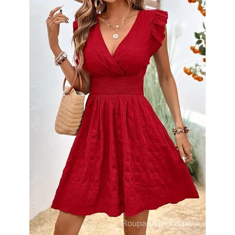 Vestido Elegante de Tecido Texturizado Direcional com Cintura Amarrada, Corte em A e Mangas com Babados