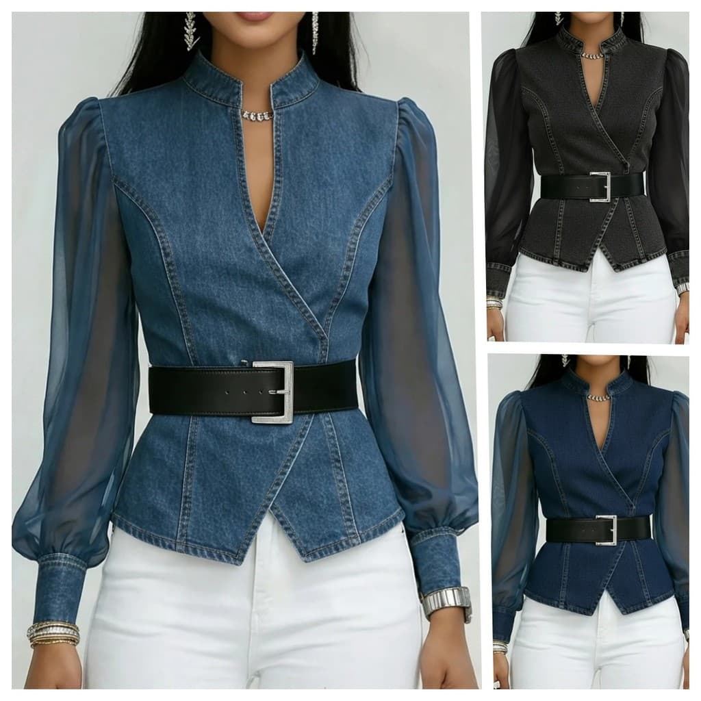 Camiseta Feminina Moda Primavera E Verão Outono Novo Decote Em v Renda Mangas Compridas