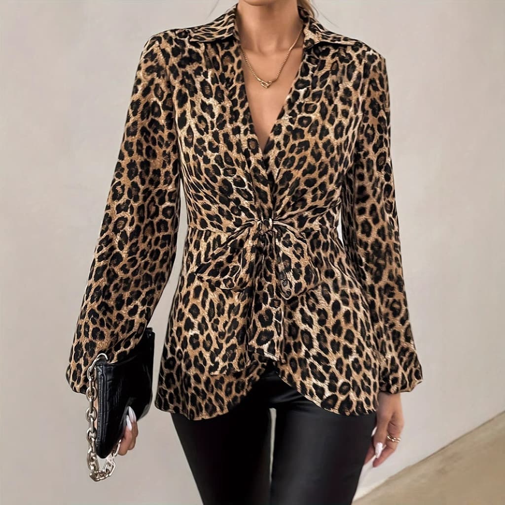 Camisa com estampa de leopardo europeu americano de manga comprida Top primavera novo estilo estampa de leopardo amarrad