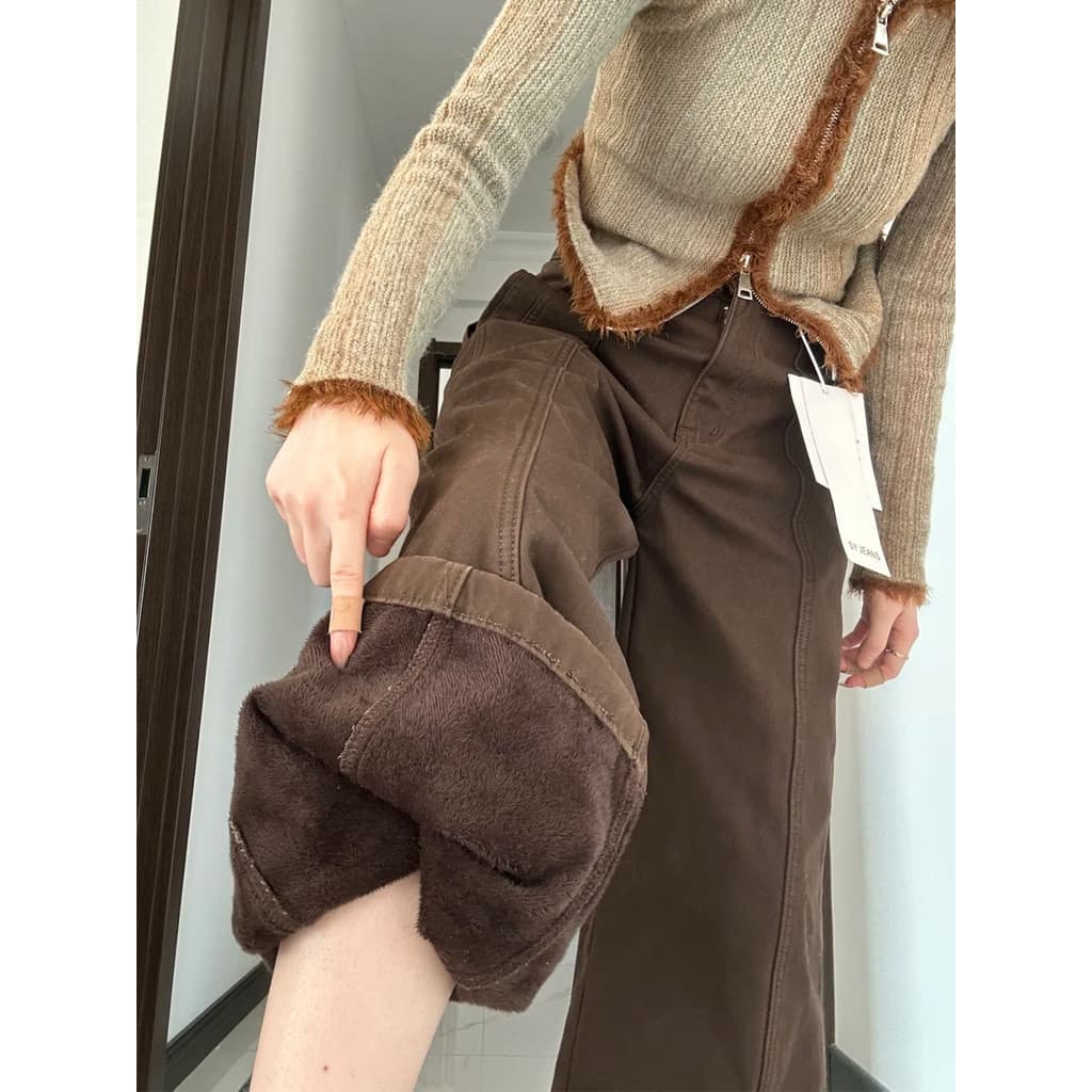 Cor de café mais calças de veludo macacão Jeans feminino inverno engrossado calças Machete plus Size gordura mm calças r