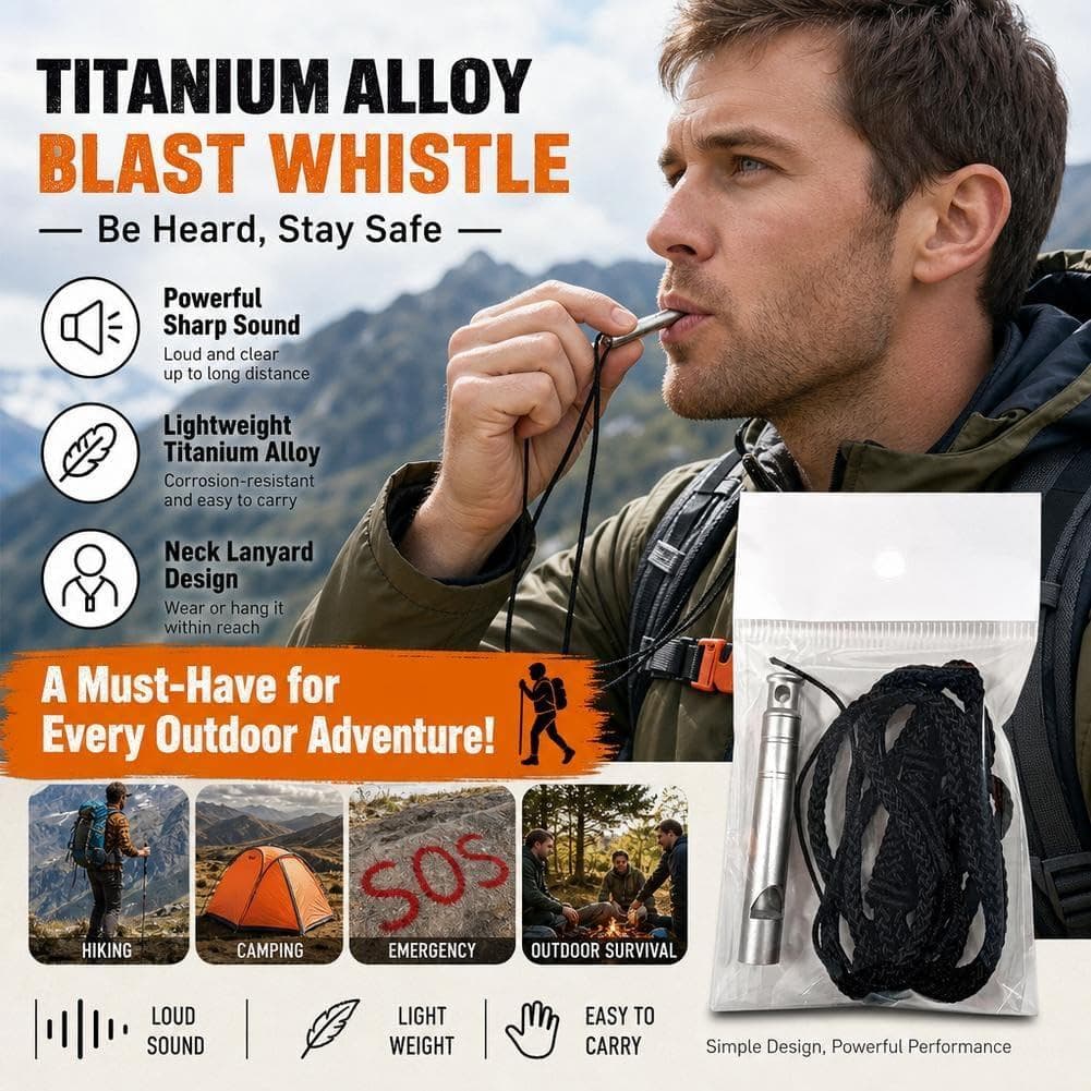 Apito de Emergência em Liga de Titânio 120dB Sem Bico, Tubo Único, Portátil para Camping, Hiking, Treinamento, com Cordã