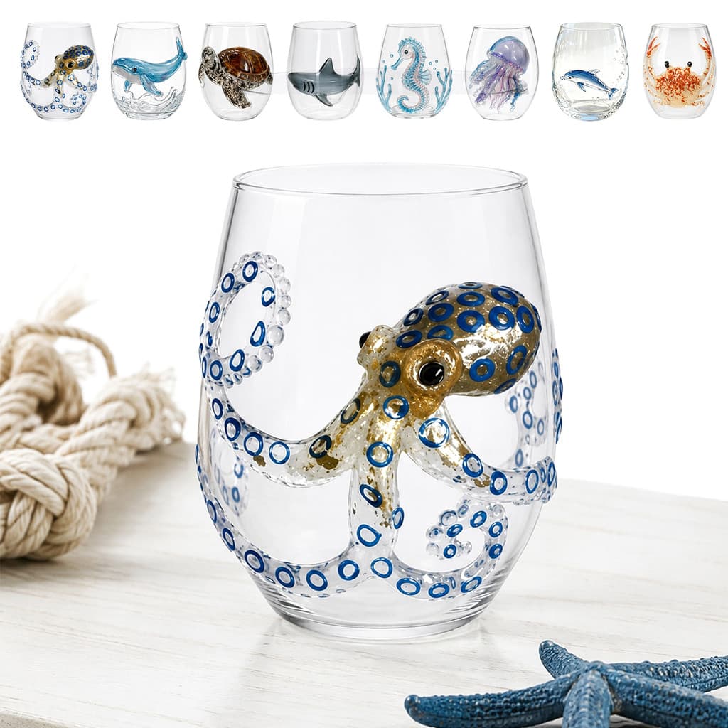 Anel Azul 3D Náutico Feito À Mão Copo De Vinho De Vidro Sem Haste Oceano Vida Marinha Barra Costeira Decoração De Casa P